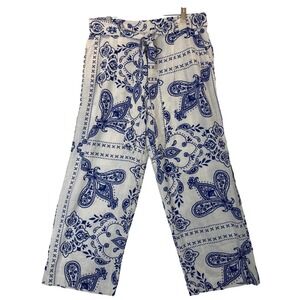 HAVER & BLAIR Woven Wide Leg Pull On Crop Linen Blend Pants Blue/White AOP Sz M